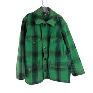VTG Johnson Wooolen Mills Green Plaid Wool Mackinaw Jacket Coat Hunting Size 46
